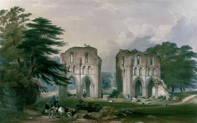 Opatství Roche, pohled od západu, z díla „The Monastic Ruins of Yorkshire“, rytina George Hawkins (1819-52), 1842